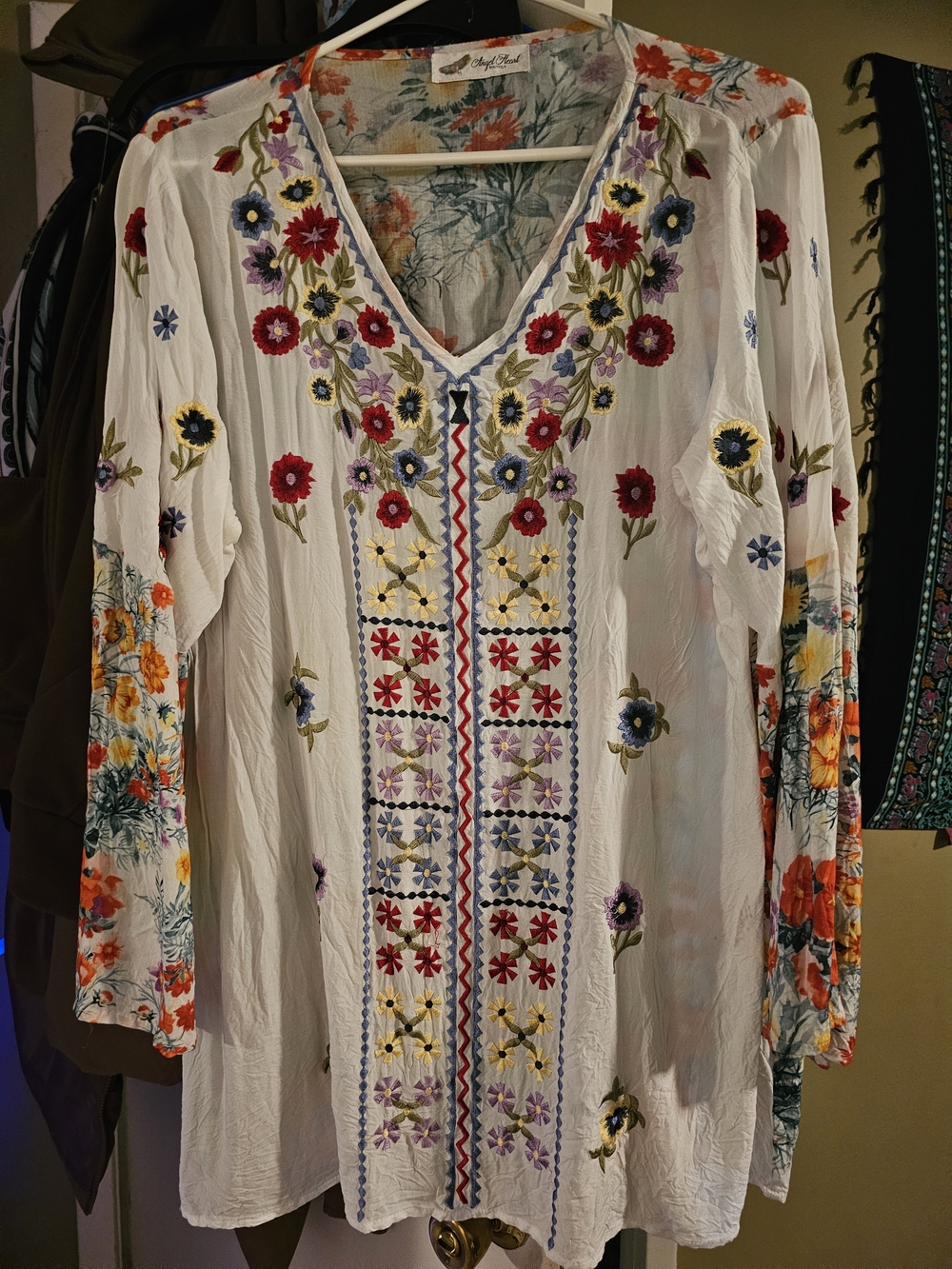 Boho Embroidered V-Neck Tunic Top - White with Multicolor Floral Details